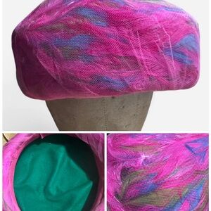 Vintage Pink and purple netted hat Mardi Gras statement, piece, vintage feathers